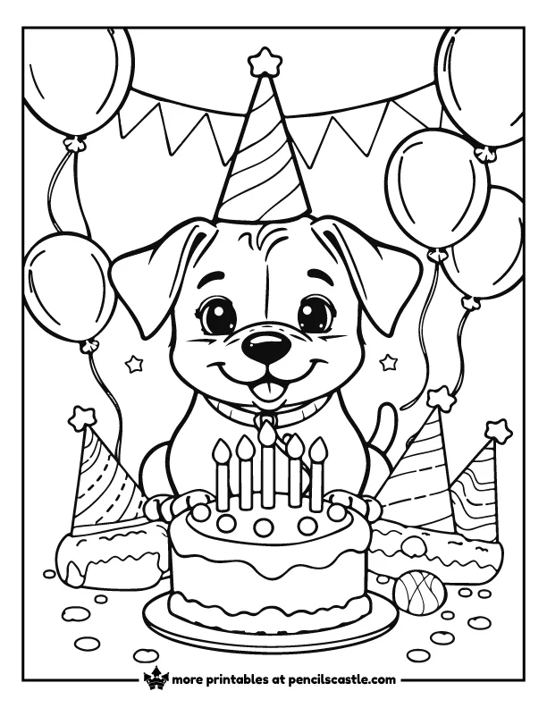 a puppy in a birthday party hat  with balloons and a cake coloring sheet