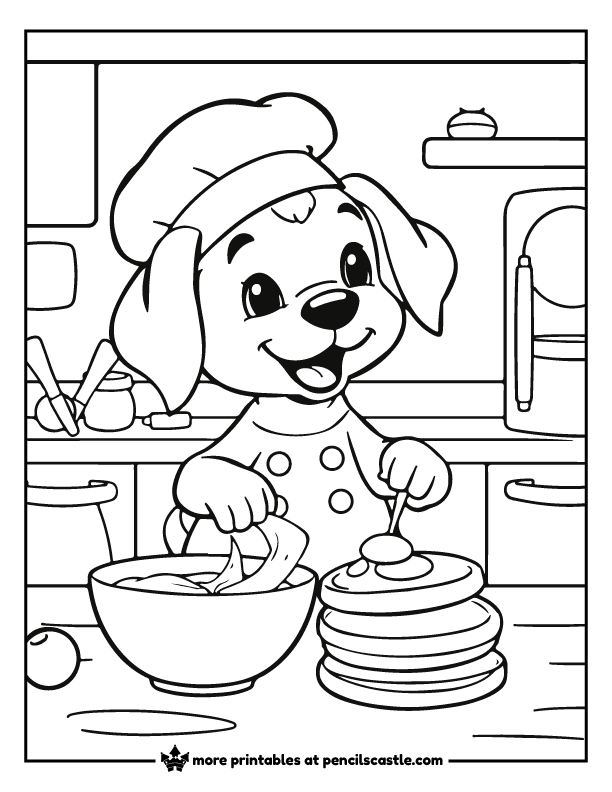 a puppy dog with a chef’s hat in the kitchen