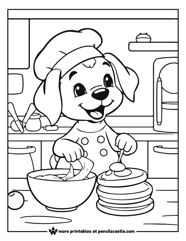a puppy dog with a chef’s hat in the kitchen coloring page