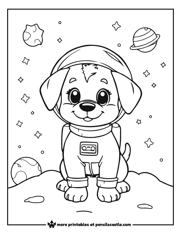 a puppy in space wearing a tiny astronaut helmet, with stars and planets coloring page