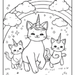 unicorn cat and kittens with a rainbow and clouds