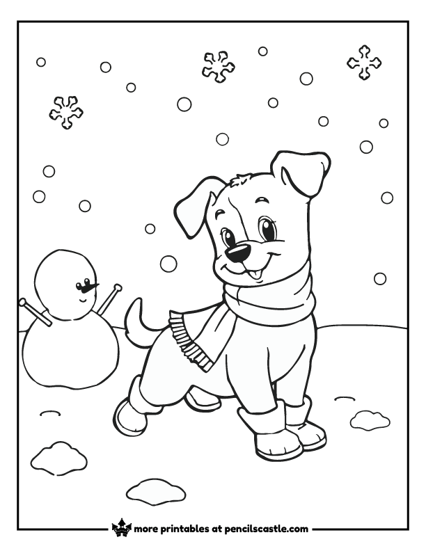 a cute puppy in a scarf and boots, with a snowman and falling snow and snowflakes, 