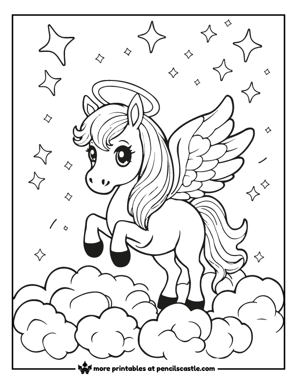 an angel horse with wings and a halo