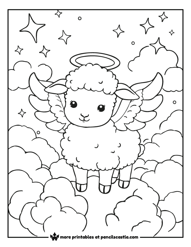 angel sheep with wings and a halo in the clouds