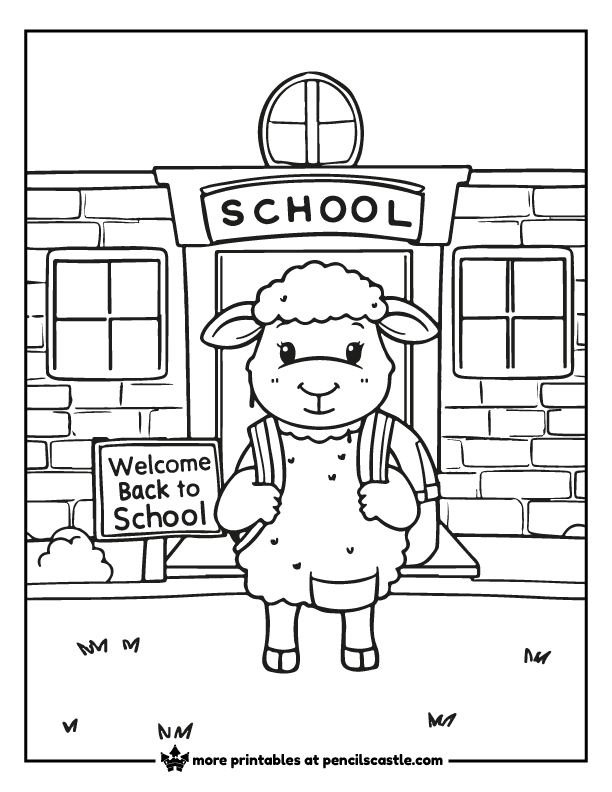 coloring page of a sheep with a backpack outside  a school building with a “Welcome Back to School" sign