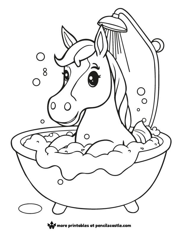 horse in the bath with a showerhead, soap, and foam