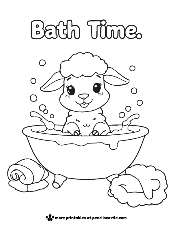 lamb in the bath with towels, soap and foam