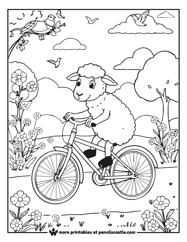 coloring page of a sheep on a bicycle with birds, flowers, and trees