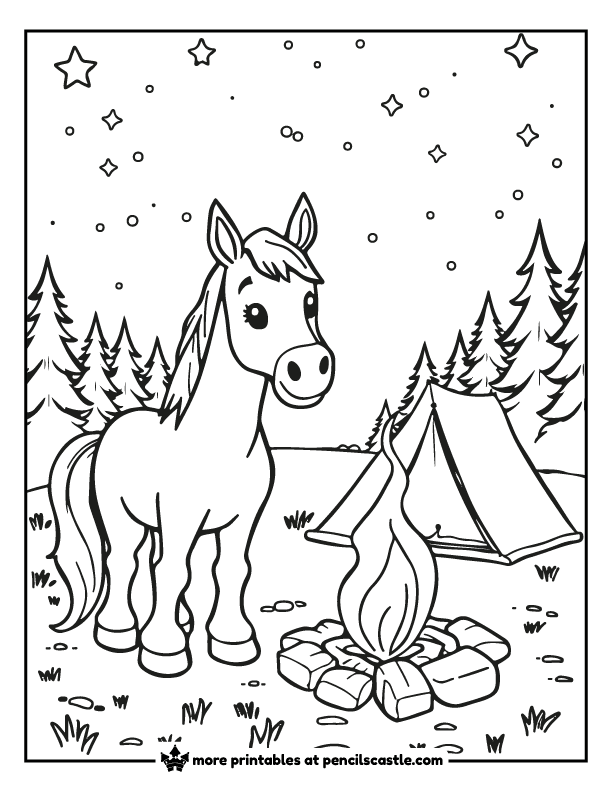 A horse with a campfire, a camping tent, trees, and stars