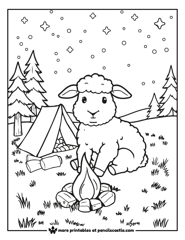 sheep with a campfire and a  camping tent