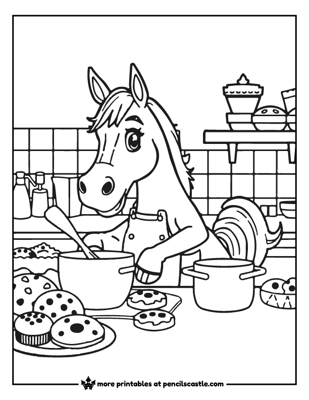 coloring page of a horse chef in an apron with pots, a spoon, cookies, and treats