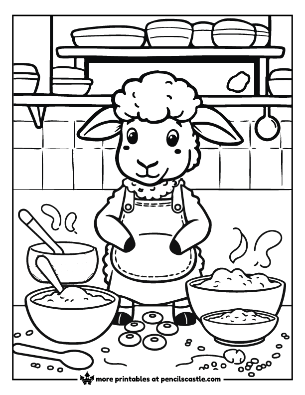 coloring page of a sheep chef baking cookies with bowls, spoons, and flour.