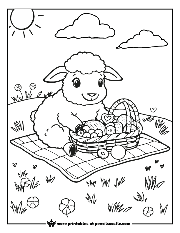 coloring page of a sheep with a picnic basket full of sandwiches, fruits, and cookies