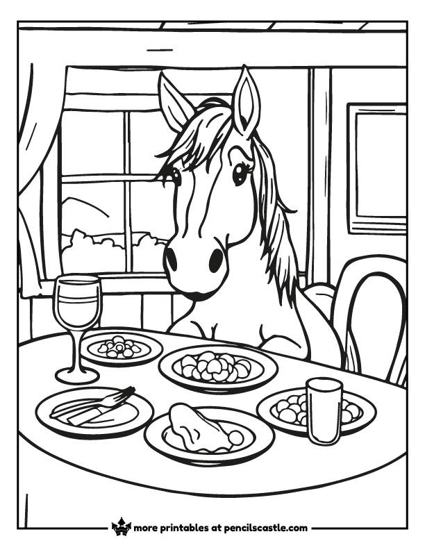 horse eating a meal at a dining table