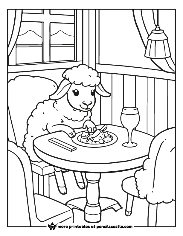 sheep eating a meal at a dining table