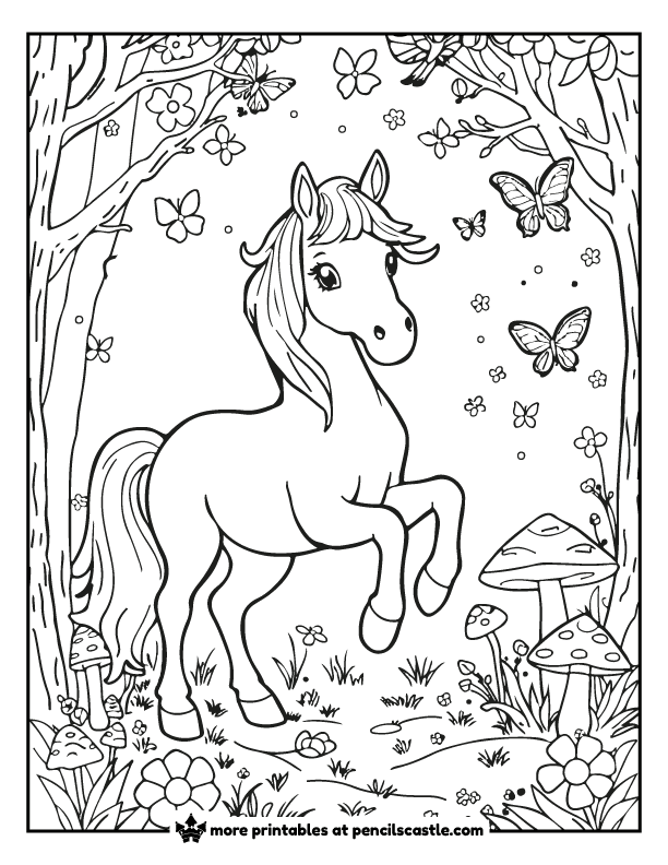 A horse with fairies, butterflies, and mushrooms