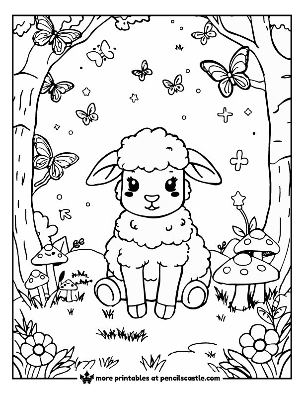 coloring page of a sheep with mushrooms, butterflies, and fireflies