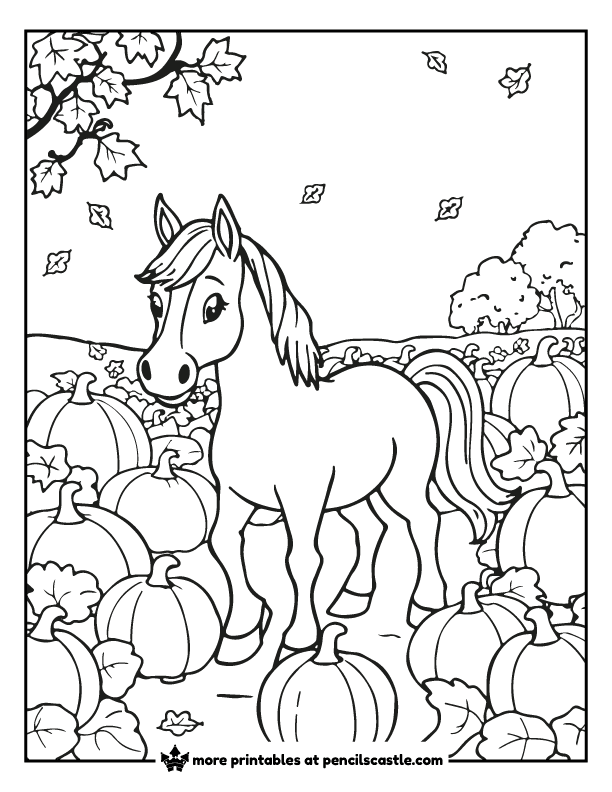 a horse with pumpkins and autumn leaves