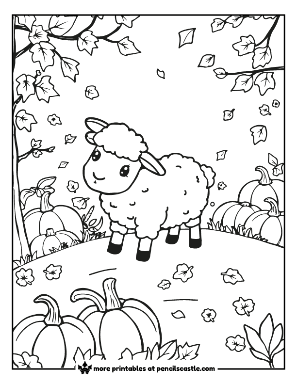 a sheep with pumpkins and autumn leaves