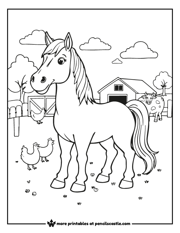 coloring page of a horse in a farmyard with a barn, chickens, and cows