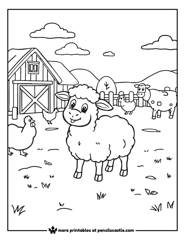 coloring page of a sheep in a farmyard with a barn, chickens, and cows