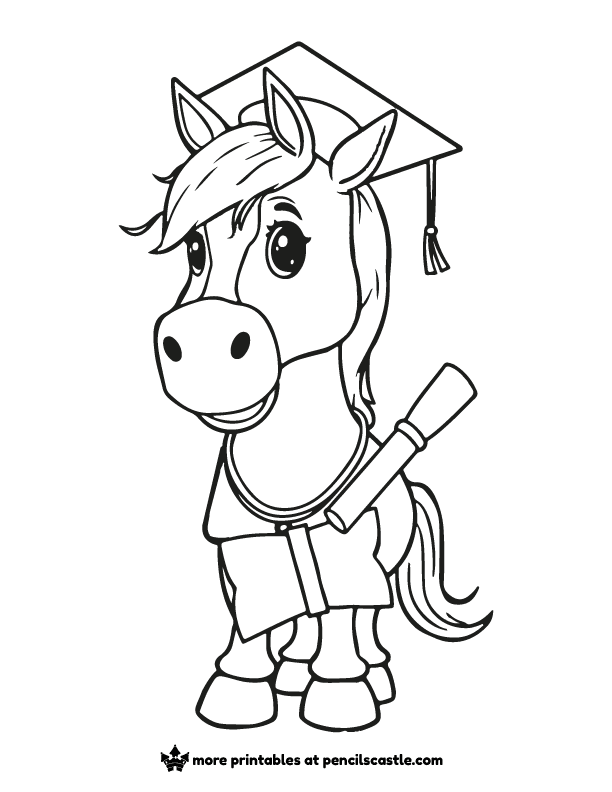 coloring page of a horse in a graduation cap and a diploma