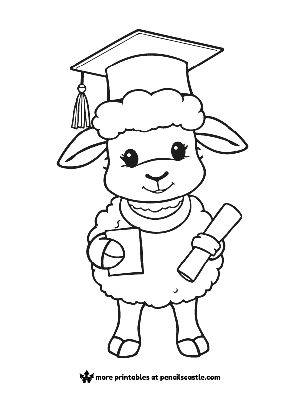 coloring page of a sheep in a cap and a diploma