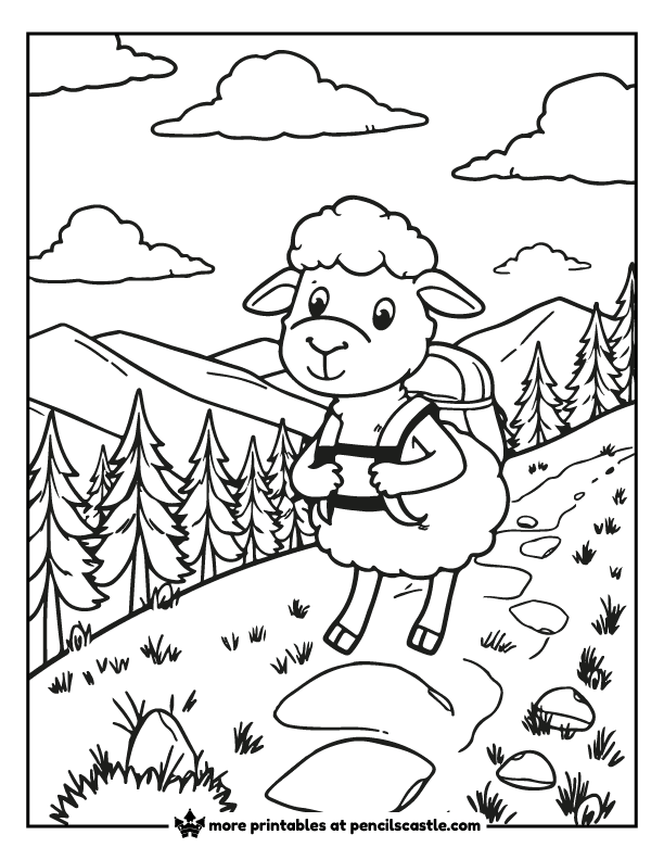 a sheep with a backpack on a hiking trail 