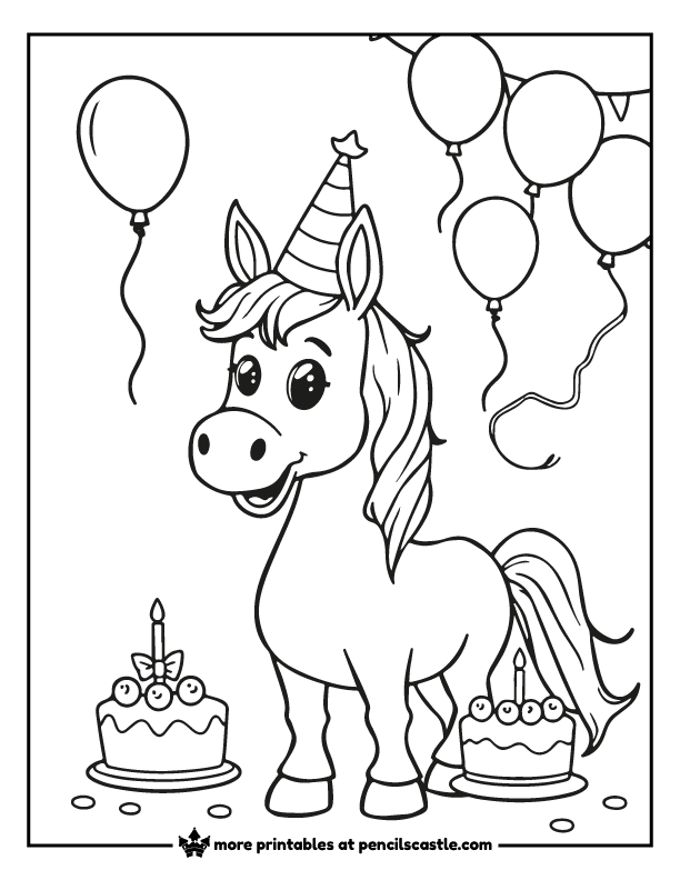 a horse in a party hat with balloons, and a birthday cake.