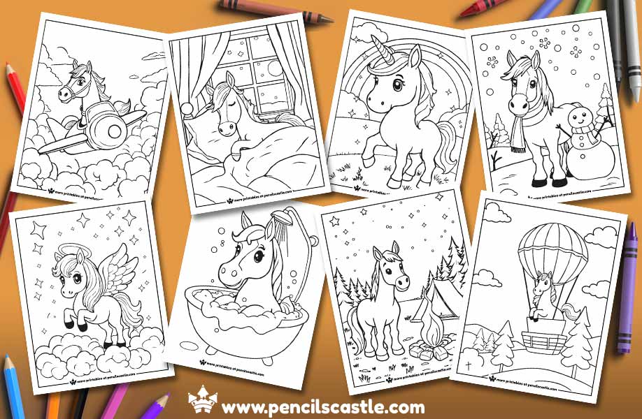 horse coloring pages with crayons, on a brown background