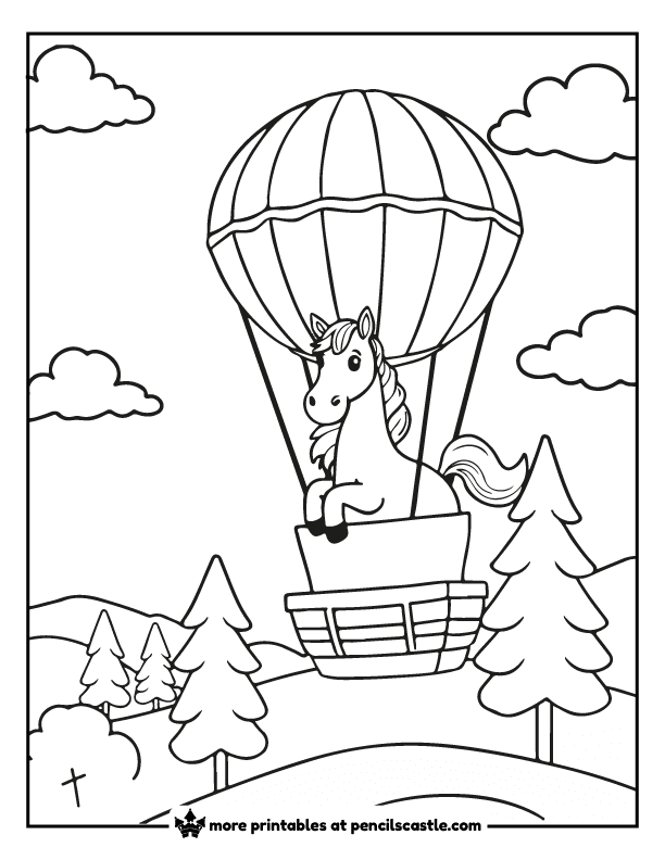 A horse on a hot air balloon with hills, trees, and clouds.