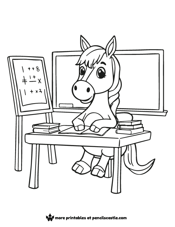 a horse with a desk and a chalkboard in the background