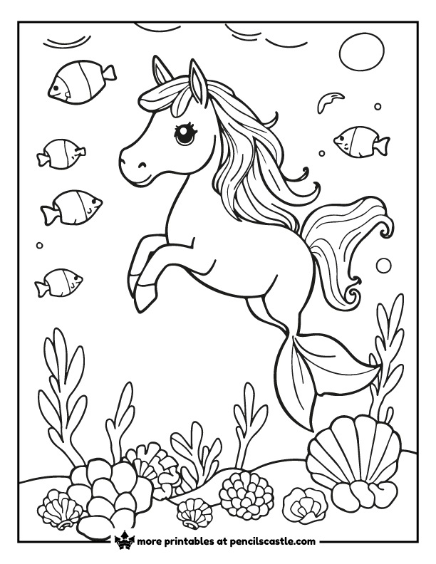 mermaid horse with fish and seashells.