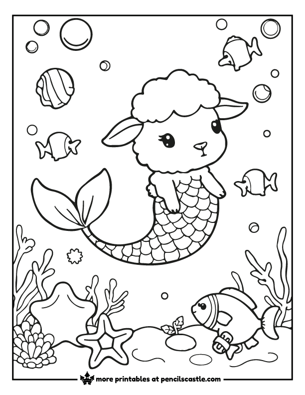 mermaid sheep with fish, starfish, and seashells.