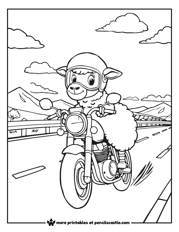 sheep on a motorcycle wearing a helmet