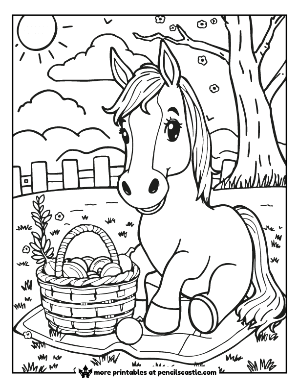 horse on a checkered blanket with a picnic basket