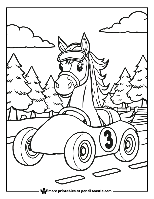 coloring page of a horse on a race car