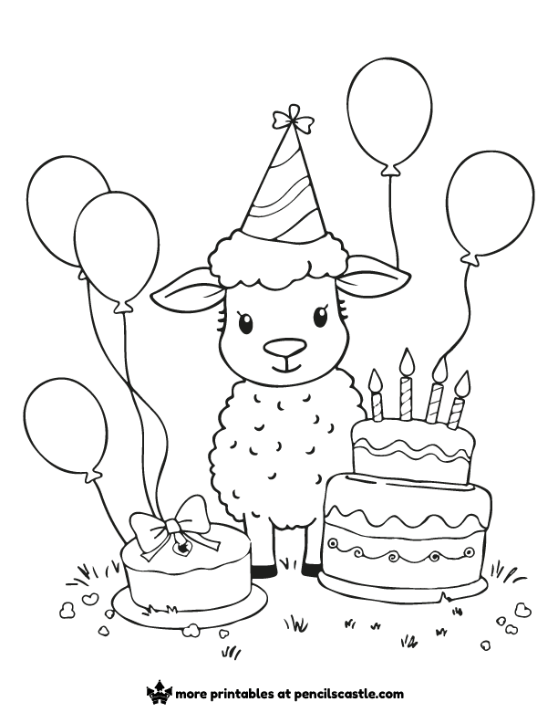 a sheep in a party hat with balloons, and a birthday cake.