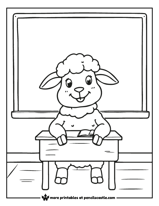 a sheep with a desk and a chalkboard in the background