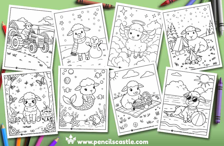 sheep coloring pages with crayons, on a green background