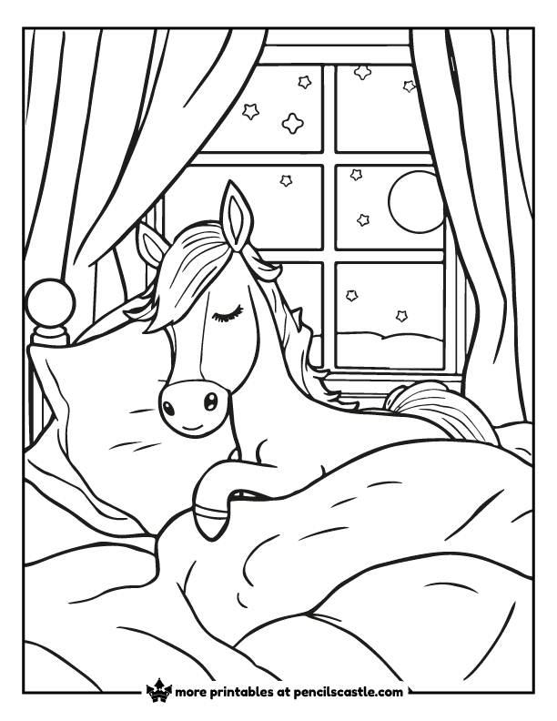 a horse in bed with pillows and blankets