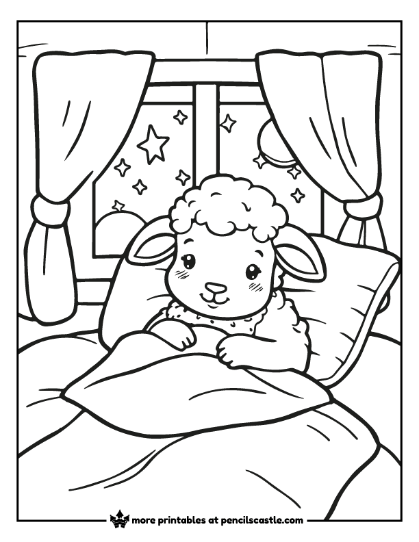 a sheep in bed with pillows and blankets