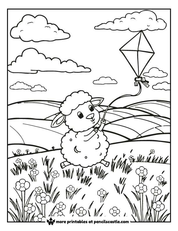 a sheep with a kite, flowers and clouds