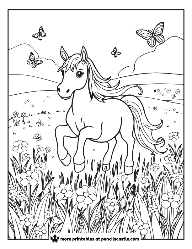 coloring page of a horse with butterflies, flowers, and hills