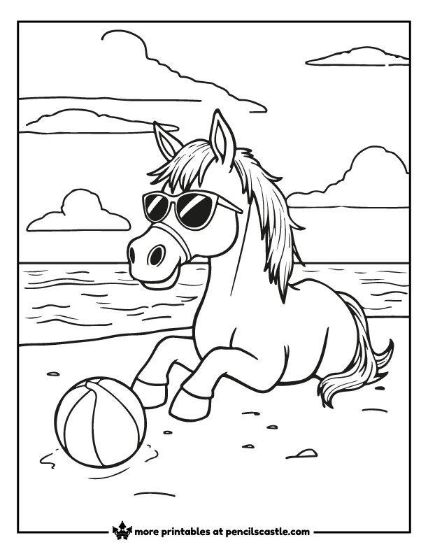 coloring page of a horse on a beach with sunglasses and a beach ball