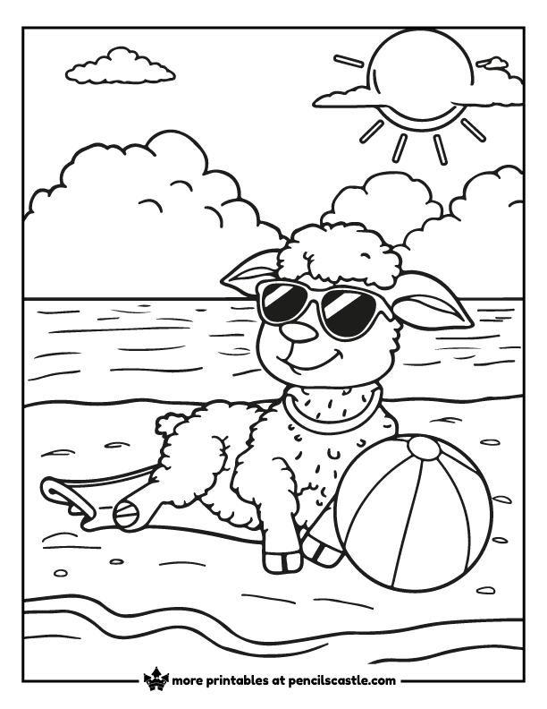 a sheep on a beach with sunglasses and a beach ball