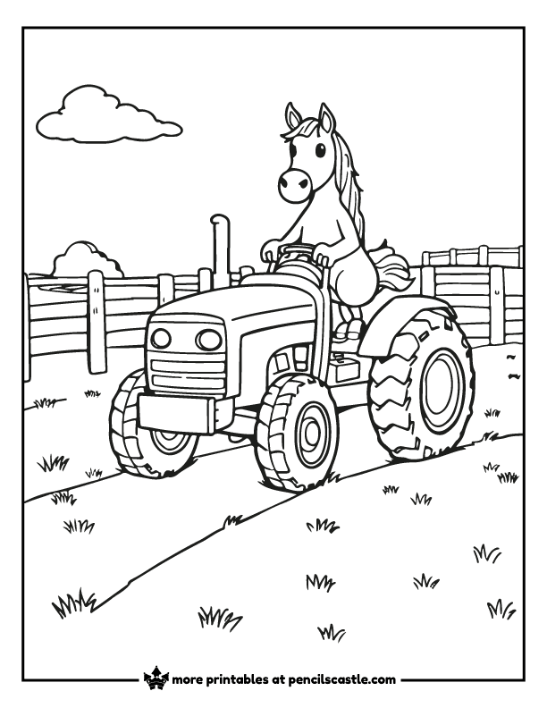 coloring page of a horse on a tractor