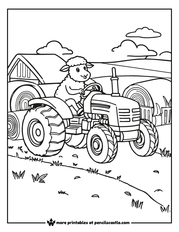 coloring page of a sheep on a tractor with hay bales