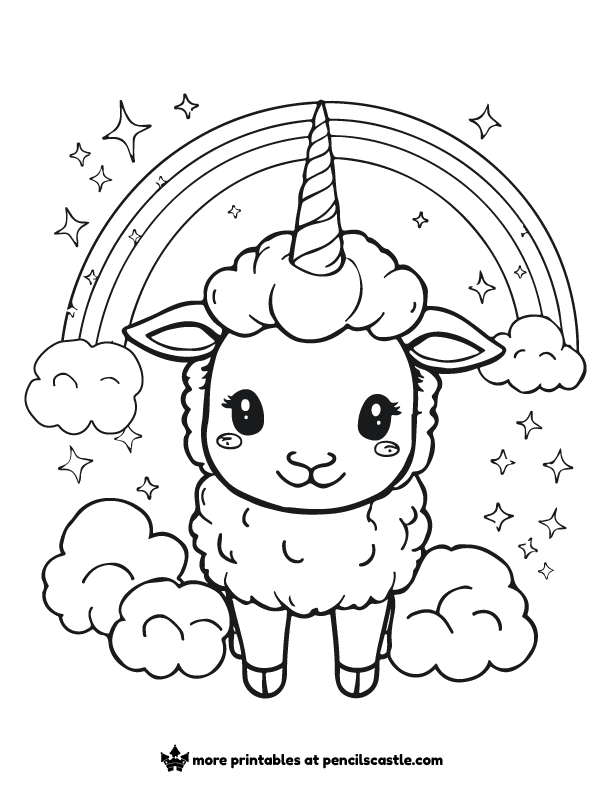 lamb unicorn with sparkles, rainbows, and clouds