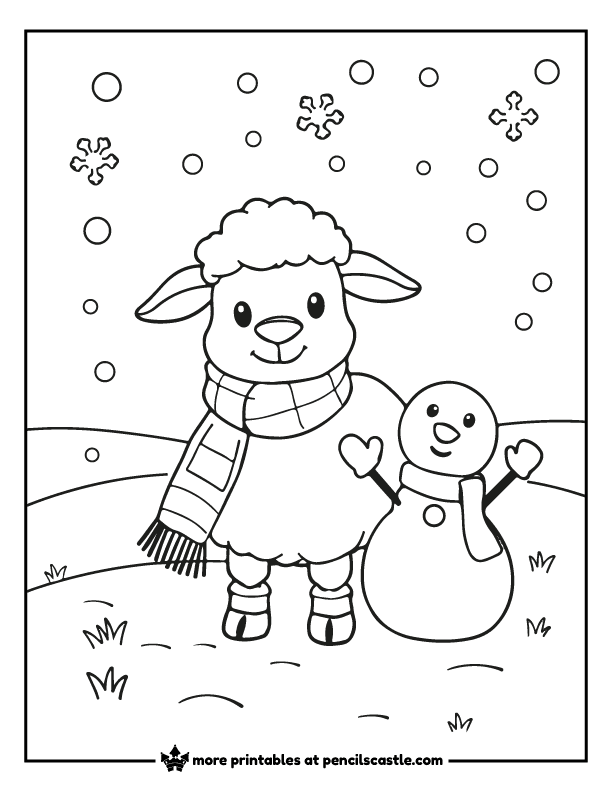 a sheep and a snowman with snow and snowflakes